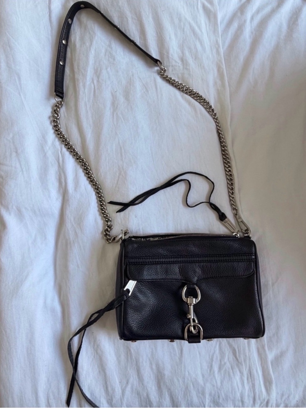 Rebecca Minkoff Black Leather Mini Mac Crossbody Bag with Silver Hardware